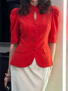 Vellofy Women's Red Stand Collar Slim Fit Blazer Jacket, Autumn/Winter, Keyhole Neck, Puff Elbow Sleeves, Suitable For Date Night, Banquet, Party And Casual Gathering - Red - View 7