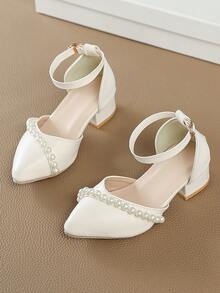 Girls' Pointed Toe Pearl Decor Chunky Heel High Heels, Elegant Sandals, Flower Girl Shoes, Daily Princess Shoes - Beige - View 2