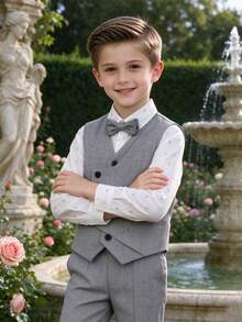 Young Boy Solid Color V-Neck Vest, Pants And Bow Tie Casual Suit Set - Grey - View 2