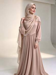 1PC Women's Solid Color Island Silk Soft Scarf Arabian Casual Long Scarf Conservative Solid Color Headscarf Suitable For Daily Use - Beige - View 4