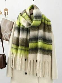 1pc Solid Color Scarf, Winter Warm Neck Protection, Thickened Wool Knit Thick Edge Tassel Shawl, Wearable - 06-green Plaid - View 1