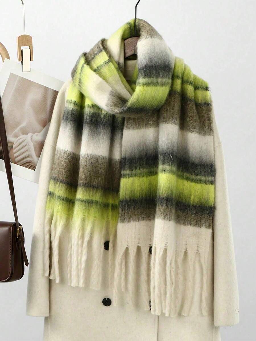 1pc Solid Color Scarf, Winter Warm Neck Protection, Thickened Wool Knit Thick Edge Tassel Shawl, Wearable - 06-green Plaid - View 1