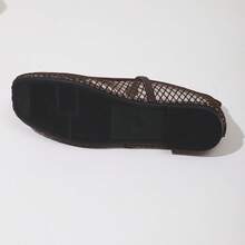 Women's Breathable Hollow Mesh Gold Camellia Decor Square Grid Pattern Square Toe One-Strap Flat Mary Jane Shoes Vintage Style Daily Commute Summer Brown Mesh Shoes - Brown - View 9