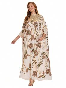 JINLICX Cream Brown Floral Gold Beaded Stand Collar Cape Kaftan Modest Batwing Sleeve Long Evening Gown For Wedding & Eid Party - Apricot - View 5