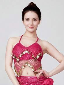 New Belly Dance Performance Top Featuring A Fish-Scale Sequin Design; A Stylish Accessory Adorned With Gold Tassels And Beadwork, Perfect For Stage Performances, Parties, Festivals, And Dance Shows-Offering An Elegant, Arabian-Inspired Look. - Multicolor - View 15