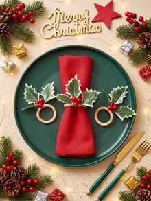 Tkvega • Home 12pcs Christmas Holly Leaf Napkin Rings, Christmas Napkin Rings And Napkins Set, Christmas Dinner Table Decor, Suitable For Room Decoration, Table Decor, Home Decor, Perfect For Christmas, Party, Birthday, Wedding And Dinner Buffet Table Elegant Minimalist Decoration - Multicolor - View 5
