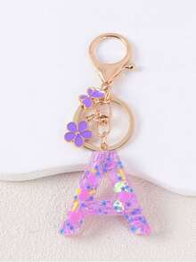 1pc Fashion Alphabet Initial Letter Keychain With Tassel & Butterfly Pendant, Key Ring For Purse Handbags Women Girl, Christmas Gift Decoration - Purple - View 2