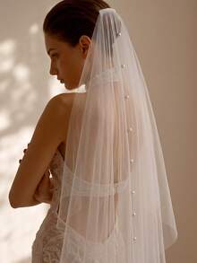 1Pc Elegant Vertical Pearl Decor Tulle Wedding Veil, Soft Sheer Bridal Veil With Hair Comb For Wedding Photoshoot - Multicolor - View 2