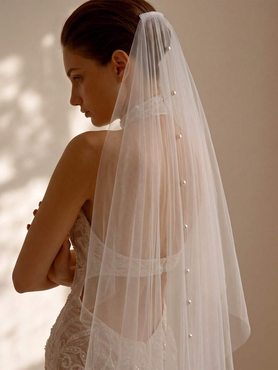 1Pc Elegant Vertical Pearl Decor Tulle Wedding Veil, Soft Sheer Bridal Veil With Hair Comb For Wedding Photoshoot