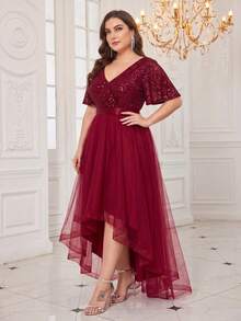 XUCTHHC Plus Size Elegant Party V-Neck Ruffle Sleeve Sequin High-Low Hem Mesh Skirt Formal Ball Gown, Wedding Guest, Cocktail Party, Holiday, Autumn/Winter - Burgundy - View 6