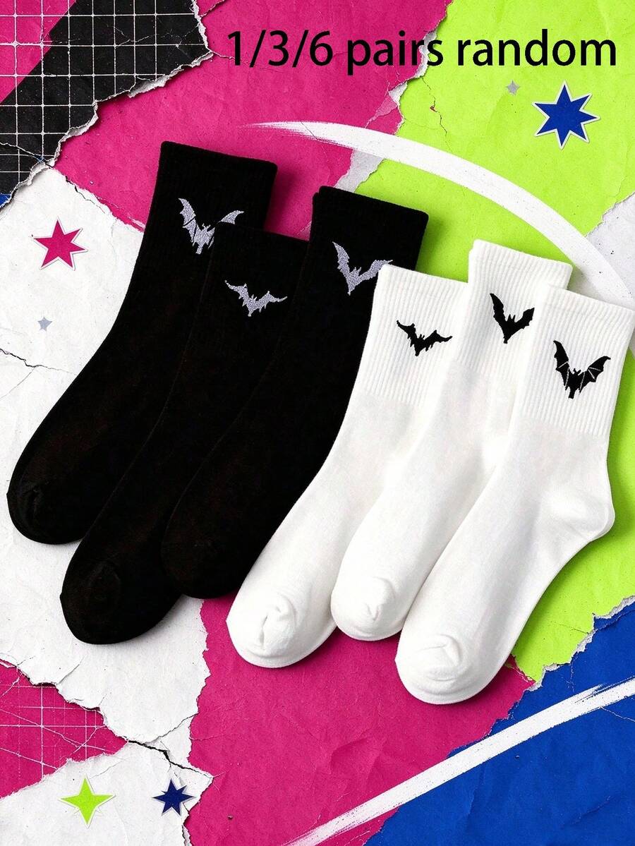 1/3/6 Pairs Random Bat Pattern Crew Socks For Women And Men, Gothic Black White Soft Socks, Street Mid-Calf Casual Socks - Multicolor - View 1