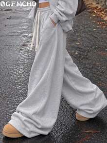 GEMCHO Women's Light Grey Oversized Wide Leg Sweatpants With Elastic Drawstring Waist & Front Pleats, Fall Winter Wear For Campus, Travel & Weekend Outings - Light Grey - View 7