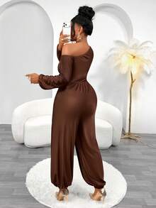 Women's Solid Color One-Shoulder Metal Decor Casual Daily Jumpsuit - Coffee Brown - View 4