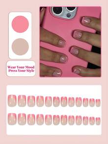 24pcs Short Square Press-On Nails, Pink French Manicure, Minimalist Style, Glossy Full Coverage Fake Nails, Suitable For Women And Girls Daily Wear Nail Supplies - Pink - View 2