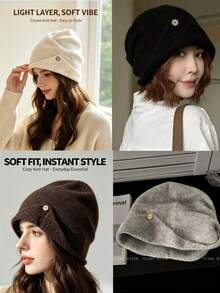 New One-Side Vintage Button Design Knitted Hat For Women, Autumn/Winter New Style, Face-Slimming Warm Korean-Style Beanie - Multiple Styles - View 5