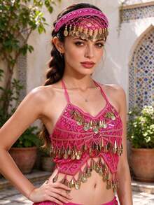 Boho Halter Neck Sequined Bra Top Coin Tassel Fringe, Coin Fringe Lace Headband Headchain, Handmade Kizomba Stage Performance Wear, Multi-Color Available - Multicolor - View 5