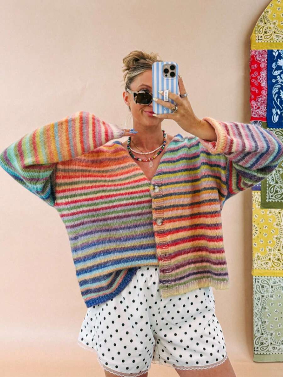 Women's Vintage Striped Colorblock Cardigan Sweater, Long Sleeve, Front Button Knit Pullover, Autumn Clothing, Winter Sweater, Casual Daily Wear - Multicolor - View 1