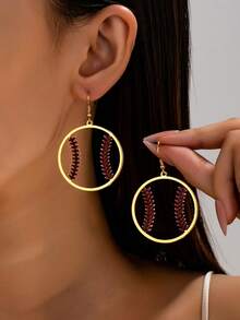1 Pair Creative Baseball Shaped Hoop Dangle Earrings, Sporty Style Oil-Drip Earrings, American Casual Personalized Earrings - Burgundy - View 3