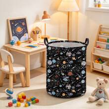 1PC Collapsible Outer Space Galaxy Planet Print Laundry Hamper, Multifunctional Storage Basket For Clothes And Sundries, Foldable Space-Saving Organizer, Versatile Bedroom Bathroom Dorm Room Decor, Cute Aesthetic Spring Home Organization - Black - View 1