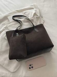 時尚百搭紋理素色母女款 2 件套托特包，休閒極簡對比色大容量單肩包 - 咖啡棕 - 查看 9