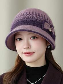1pc Women Faux Rabbit Fur Knitted Cloche Hat, Bow & Rhinestone Decor Short Brim Bucket Hat, Thick Warm Autumn Winter Hat, 8 Colors Available - MZY2872 Bow Fisherman Hat for Middle-aged - View 1