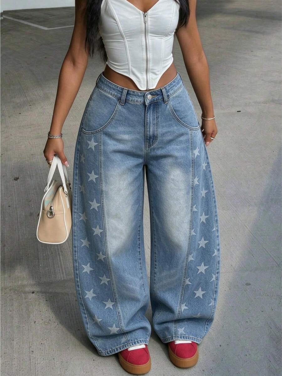 Women's Star Print Casual Loose Oversized Barrel Straight Leg Jeans - Medium Wash - View 1