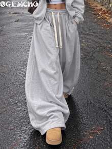 GEMCHO Women's Light Grey Oversized Wide Leg Sweatpants With Elastic Drawstring Waist & Front Pleats, Fall Winter Wear For Campus, Travel & Weekend Outings - Light Grey - View 6