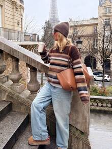 Senya Women's Colorful Striped Plush Knit Sweater, Round Neck Long Sleeve Loose Pullover, Soft Comfortable Casual Top, Suitable For Autumn/Winter Street Style - Coffee Brown - View 6