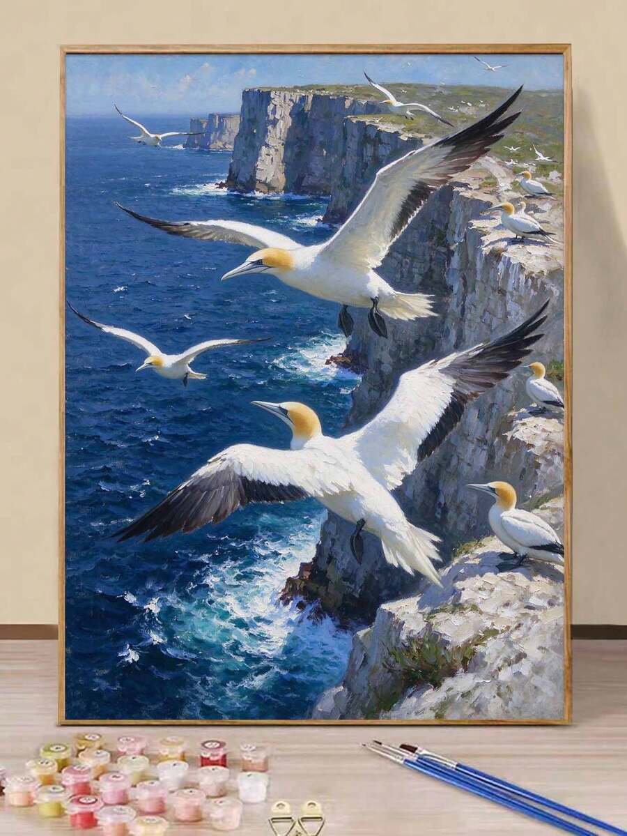 Paint By Numbers Kit Gannets Flying Over Ocean Cliffs, DIY Hand-Painted Acrylic Painting, Home Wall Decor - A - View 1