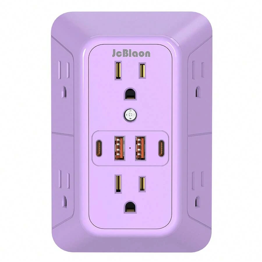3-Sided Outlet Expander With Night Light - Multi-Outlet Power Strip, 6 Outlets And 4 USB Ports (2 USB-C), Home, Office, Travel USB Wall Charger, ETL Certified - Purple - View 1