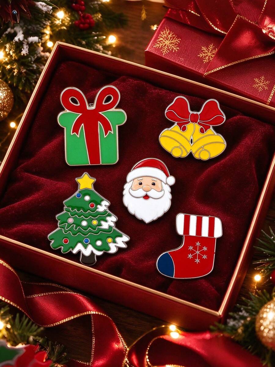 Bộ 5 ghim cài ve áo tráng men Noel dễ thương, hình hoạt hình ông già Noel, cây thông, quà tặng, chuông và tất, phụ kiện trang sức quà tặng lễ Giáng Sinh - Nhiều màu - Xem 1