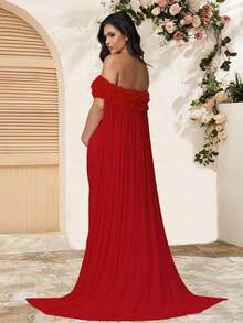 JustVH Maternity Floral Open Shoulder Dress, Suitable For Baby Shower, Mesh Cape-Style Long Dress, Can Be Used As Photography Prop Spring Fall - Burgundy - View 2