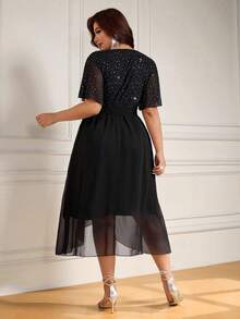 New Plus Size Women's Black Long Dress, Vintage Style, Short Bell Sleeves, Decorated With Shiny Silver Sequins - Black - View 2