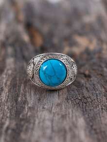 1pc Men's Ring, Distressed Silver Metal, Oval Faux Turquoise Feather Carved Design, Vintage Personalized Versatile Ring For Autumn Style Daily And Vacation Wear - Multicolor - View 3
