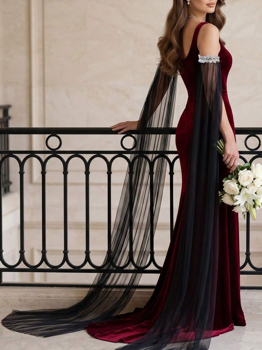 1 Pair Black Long Train Tulle Detachable Sleeves, Sequin Rhinestone Cuff Sheer Mesh Wedding Arm Sleeves,For Wedding & Party