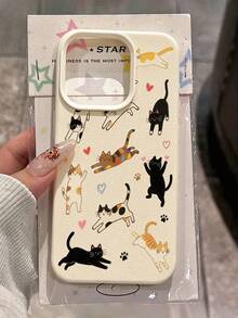 White Lychee Texture Cute Cat Print Design Phone Case, Compatible With IPhone 18 18Pro 18ProMax 17 17Pro 17ProMax 16 16ProMax 15 14 13 12 11 And Other Models, Minimalist Shockproof Protective Cover, Creative Personalized Gift For Family And Friends On Christmas, Holidays And Birthdays - Beige - View 1