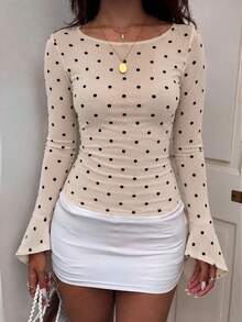 Fall Chic Top For Women Party Long Sleeve T Shirt Back To School Polka Dot Flowy Tops Going Out Outfit - Apricot - View 8