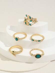 5PCS Vintage Emerald-Like Rhinestone Snake Rings, Fashionable Versatile Leaf Rhinestone Ring Set For Women - Gold - View 4