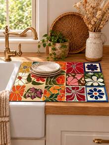1pc Colorful Floral Kitchen Dish Drying Mat, Geometric Tile Patchwork Print, Bohemian Mediterranean Country Style Rectangular Absorbent Drying Mat, Dish & Bowl Draining Mat, Coffee Machine Mat, Kitchen Countertop Mat, Suitable For Sink Side, Coffee Corner And Spring/Summer Home Decor - Multicolor - View 6