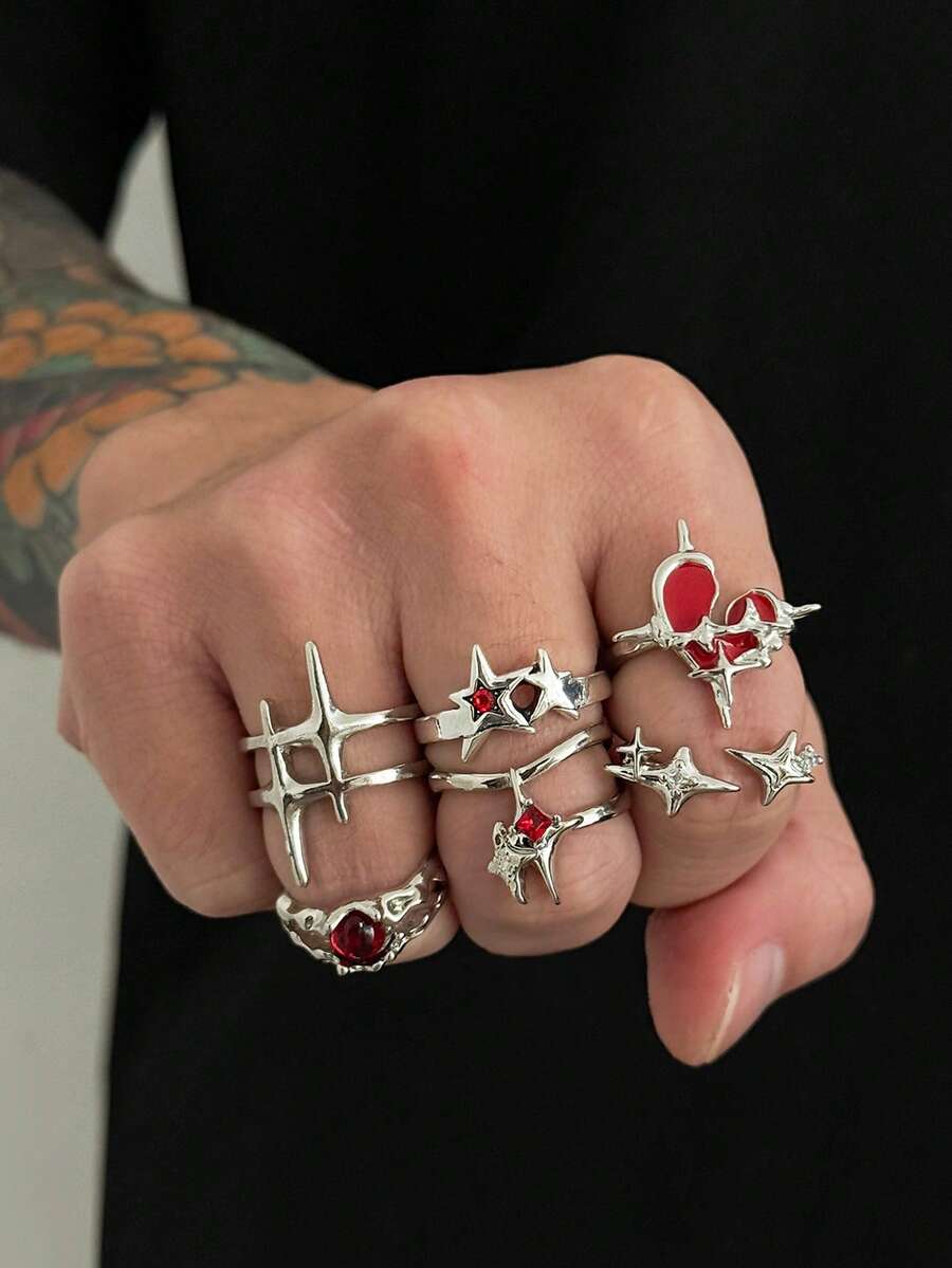 6pcs/Set Fashionable Luxurious Men's Hollow Rhinestone Rings Set, Exquisite And Glamorous, Suitable For Light Luxury Street Style Outfits, Size Runs Small - Silver - View 1
