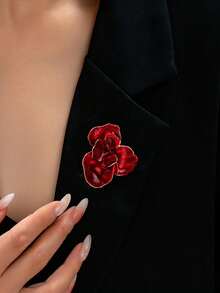1pc French Style Heavy Work Camellia Corsage, 3D Petal Design, Luxury Evening Dress Coat Floral Brooch - Burgundy Irregular - View 3