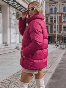 Jacket Women's Burgundy Quilted Puffer Jacket With High Collar Front Zip And Zip Pockets - Burgundy - View 2