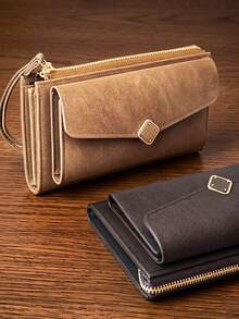 Autumn/Winter New Handheld Phone Wallet Vintage PU Wrist Bag Multifunctional Tri-Fold Wallet Large Capacity Card Slots Zipper Phone Wallet Coin Purse Magnetic Closure Lightweight Practical Holiday Gift Choice - Multicolor - View 1
