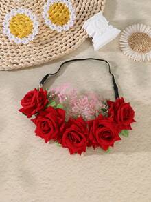 1pc Artificial Rose Flower Crown Elastic Headband, Floral Wreath Hair Garland For Women Wedding Cosplay Party Hair Accessory - Multicolor - View 5
