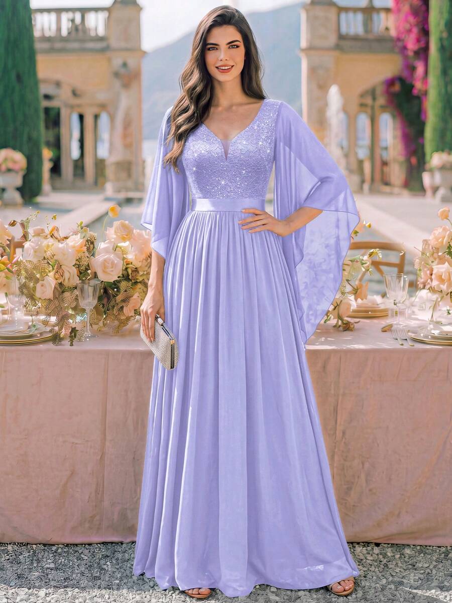 MIUSOL Deep V-Neck Sequin Patchwork Floral Lace Chiffon Formal Party Maxi Dress, Elegant Women's Party Gown