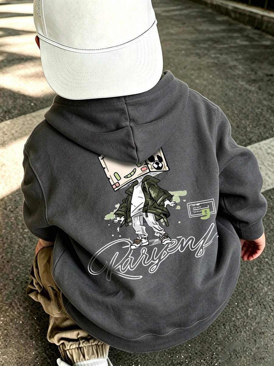 Boys 2-7Y Cool Box Head Cartoon Back Print Hoodie - Dark Grey - View 1