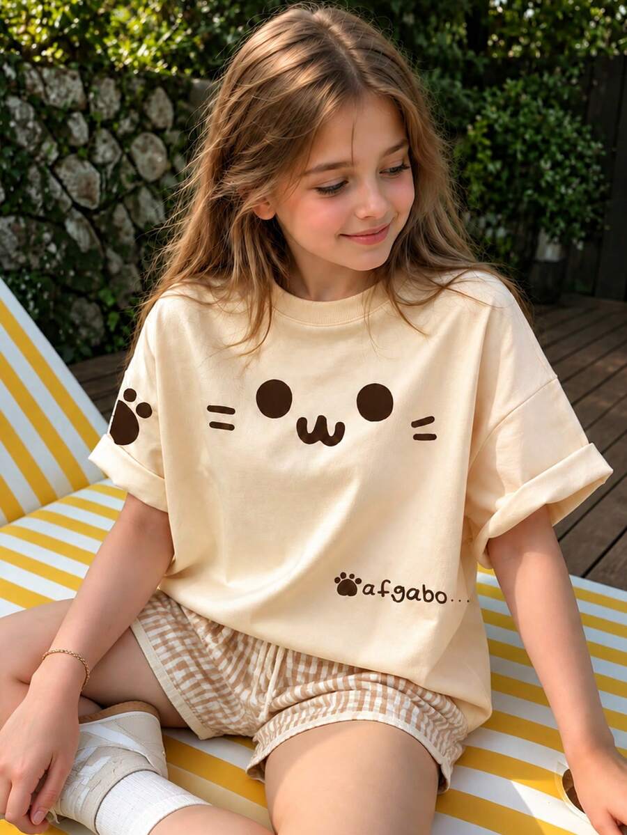 1pc Tween Girl Printed Short Sleeve T-Shirt, Student Youth Clothing, Summer Top