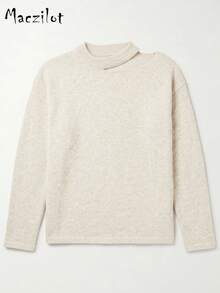 Curve Plus Size Solid Color Hollow Out High Neck Knit Top, Long Sleeve Asymmetric One Shoulder Pullover Sweater, Autumn Daily Commute Outfit - Khaki - View 7