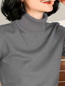 Women's Minimalist High Neck Knit Sweater, Slim Fit Long Sleeve Ribbed Cuff Warm Base Layer Sweater, Versatile Commuter Top For Autumn/Winter - Grey - View 1
