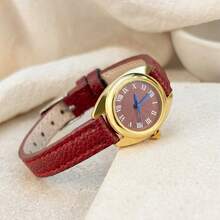 1pc Women's PU Leather Strap Watch, Round Roman Numeral Dial With Pattern, Fashionable Small Delicate Quartz Watch - Red - View 4